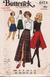 6414 BUTTERICK 70 FRONT BUTTON A-SKIRT MINI OR MAXI LENGTH, SHORTS PATTERN 27" W